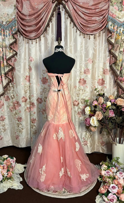 French Style Strapless Mermaid Evening Gowns Appliques Tulle Prom Dress AP2737