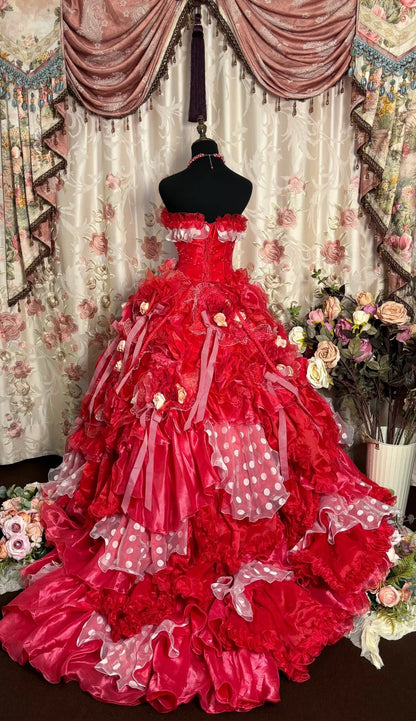 Dopamine Style Strapless A-Line Ruffled Evening Dresses Appliques Beaded Bows Prom Dress AP2739