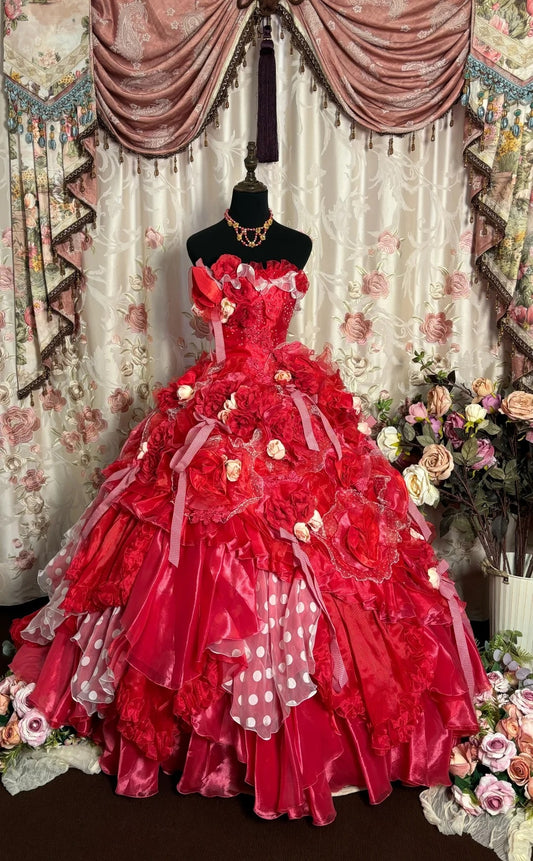 Dopamine Style Strapless A-Line Ruffled Evening Dresses Appliques Beaded Bows Prom Dress AP2739