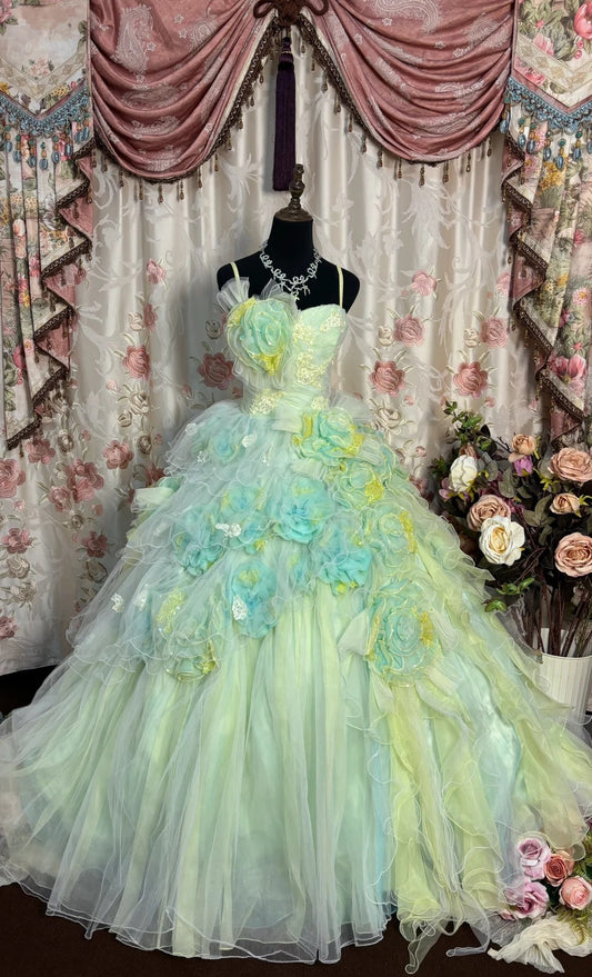 Dopamine Style A-Line Spaghetti Strap Prom Dress Beading Handmade Flowers Sequins Tulle Formal Dresses AP2741