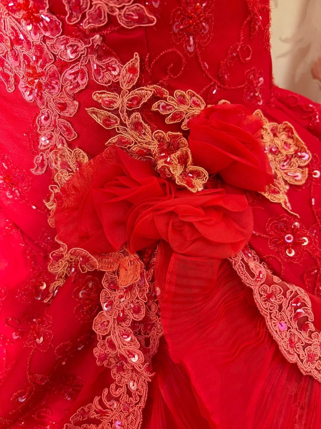 Red Spaghetti Strap A-Line Prom Dress 3D Floral Sequins Appliques Evening Gowns AP2745