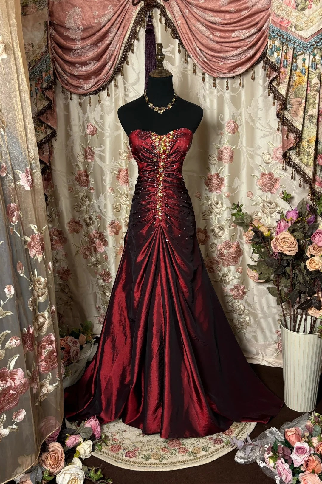 Bling Strapless Mermaid Red Evening Gowns Sequins Rhinestones Pleated Prom Dress AP2747