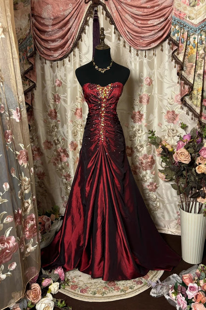 Bling Strapless Mermaid Red Evening Gowns Sequins Rhinestones Pleated Prom Dress AP2747