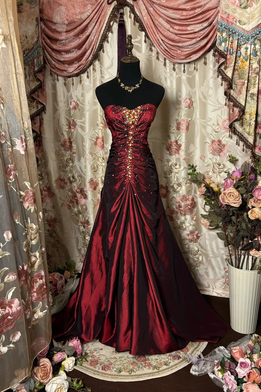 Bling Strapless Mermaid Red Evening Gowns Sequins Rhinestones Pleated Prom Dress AP2747