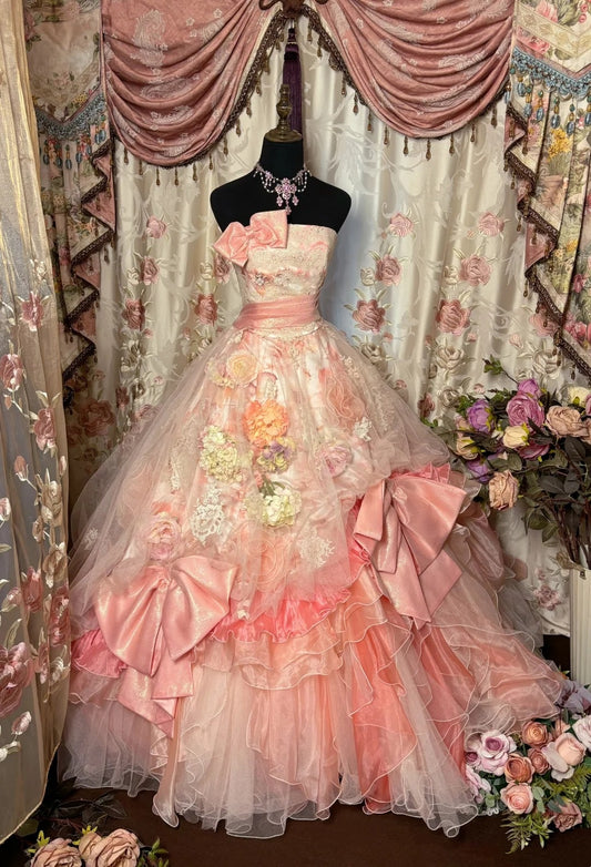 3D Flowers Strapless A-Line Evening Dresses Appliques Bows Sequins Prom Dress AP2748