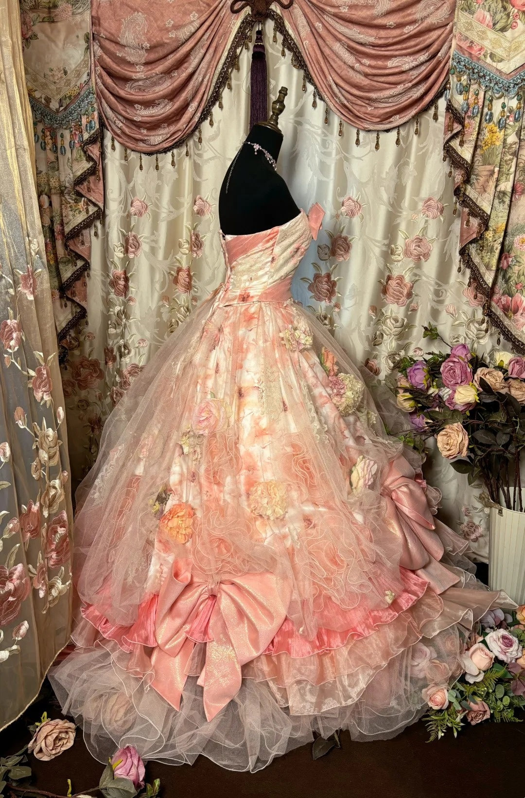 3D Flowers Strapless A-Line Evening Dresses Appliques Bows Sequins Prom Dress AP2748