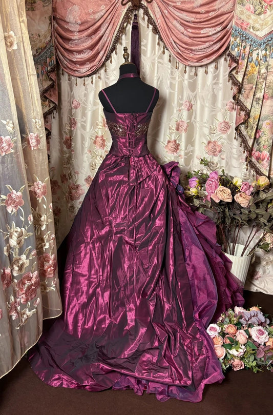 New A-Line Spaghetti Strap Prom Dress Beading Handmade Flowers Sequins Pleated Evening Gowns AP2751