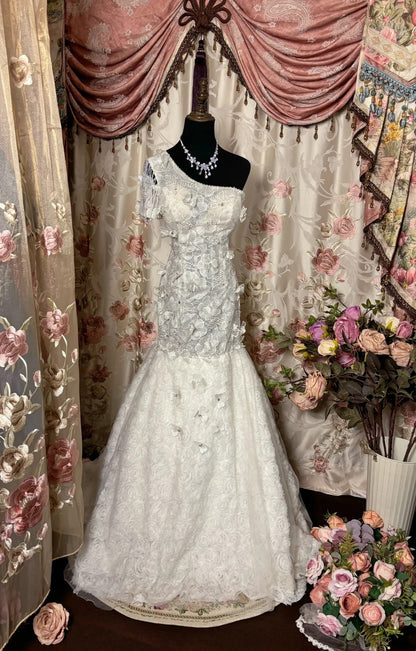 Attractive One-Shoulder Mermaid Bridal Gowns Beading Appliques Sequins 3D Floral Wedding Dress AP2754