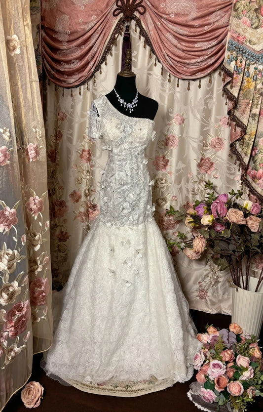 Attractive One-Shoulder Mermaid Bridal Gowns Beading Appliques Sequins 3D Floral Wedding Dress AP2754