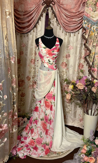 Glittering V-Neck Sheath Evening Gowns Beading Floral Print Sequins Prom Dress AP2756