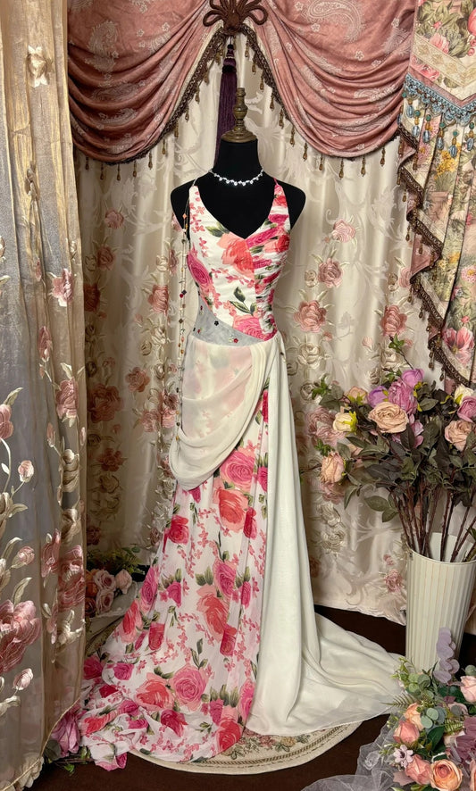 Glittering V-Neck Sheath Evening Gowns Beading Floral Print Sequins Prom Dress AP2756