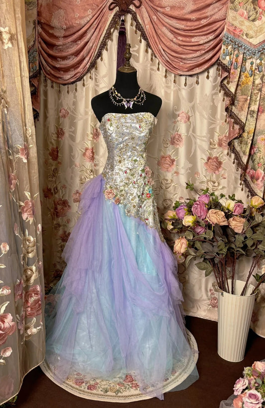 Princess Strapless A-Line Evening Dresses Appliques Sequins Tulle Prom Dress AP2758