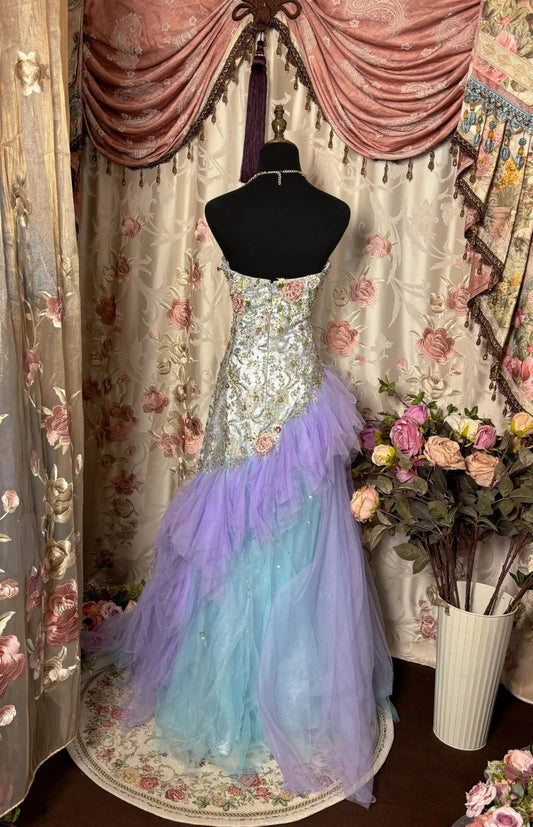 Princess Strapless A-Line Evening Dresses Appliques Sequins Tulle Prom Dress AP2758