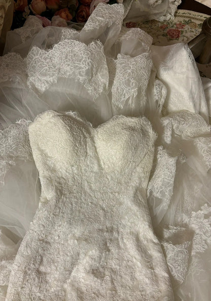 Fancy Strapless Mermaid Bridal Gowns Lace Tulle Wedding Dress AP2760