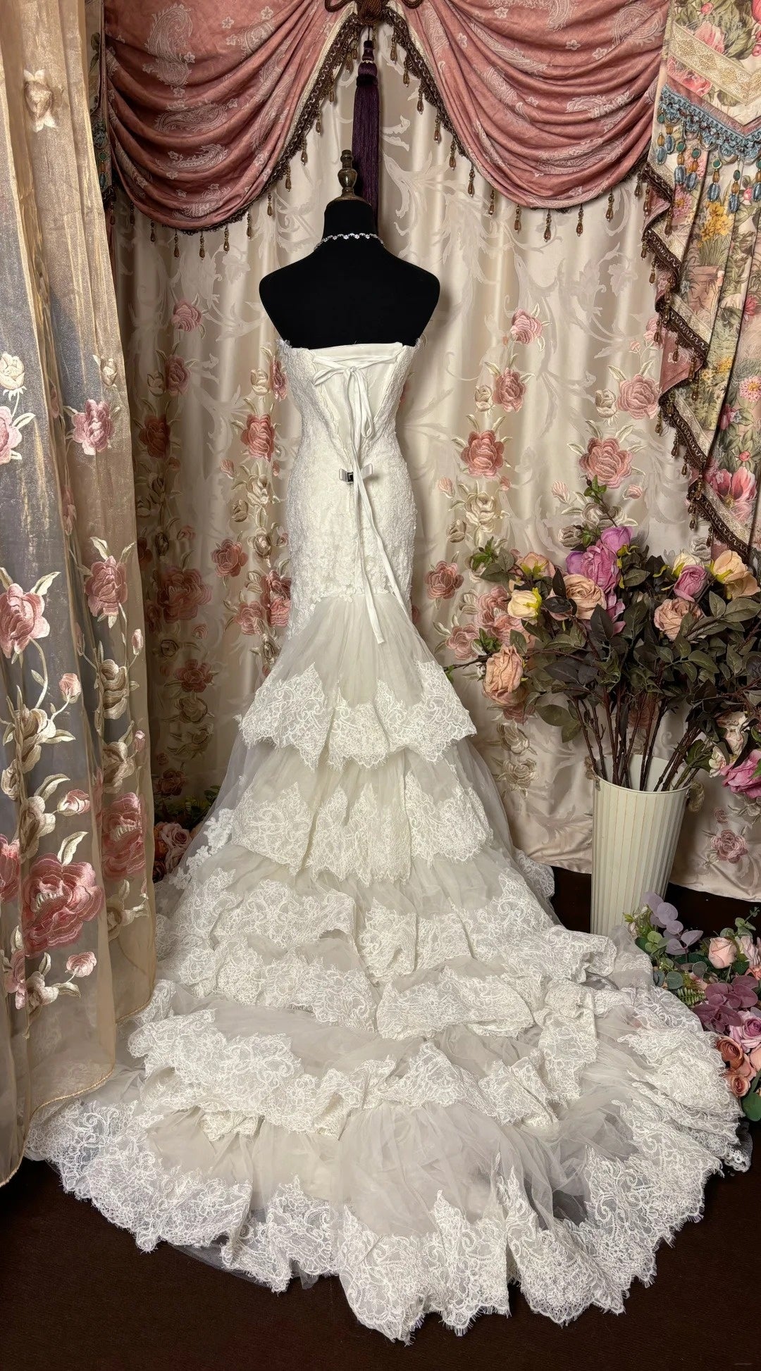 Fancy Strapless Mermaid Bridal Gowns Lace Tulle Wedding Dress AP2760