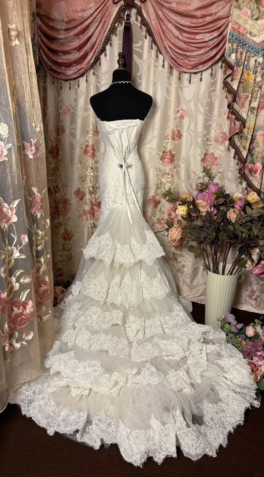 Fancy Strapless Mermaid Bridal Gowns Lace Tulle Wedding Dress AP2760