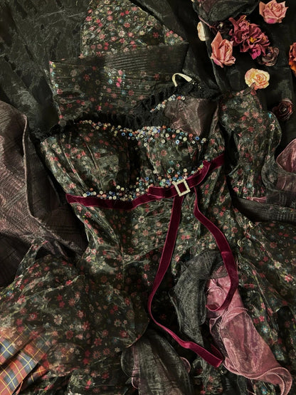 Maximalism Floral Print Strapless Evening Dresses A-Line 3D Flowers Crystals Prom Dress AP2761