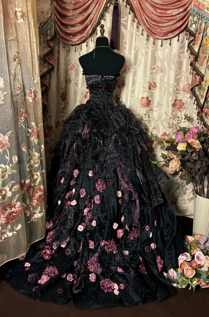 Maximalism Floral Print Strapless Evening Dresses A-Line 3D Flowers Crystals Prom Dress AP2761