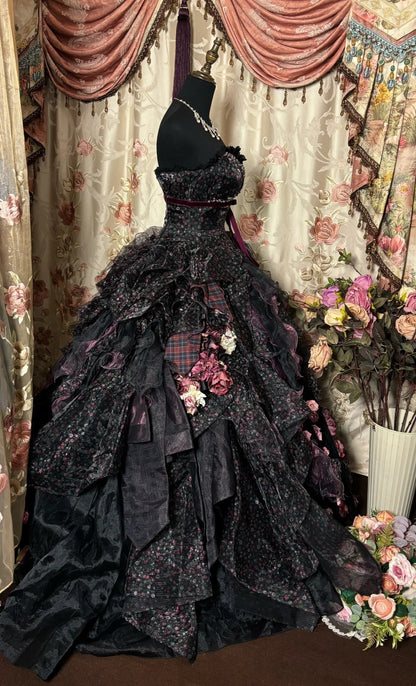 Maximalism Floral Print Strapless Evening Dresses A-Line 3D Flowers Crystals Prom Dress AP2761