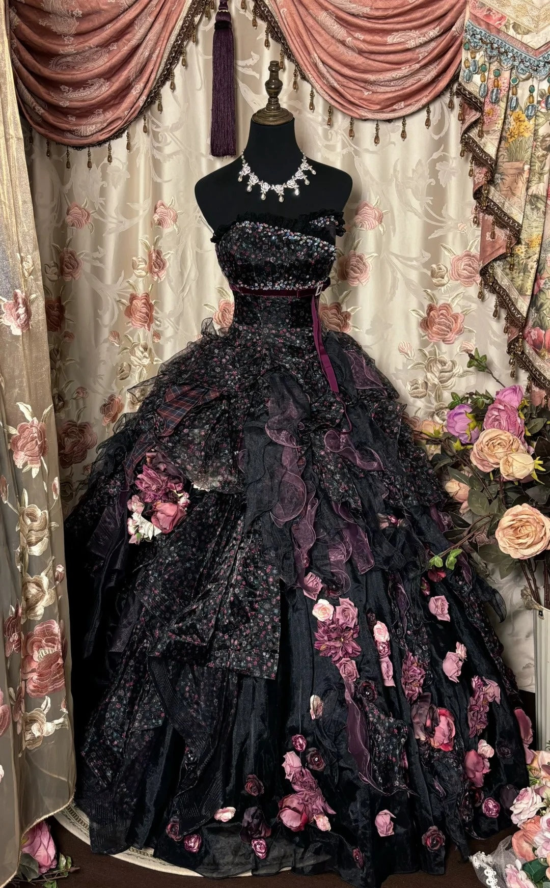 Maximalism Floral Print Strapless Evening Dresses A-Line 3D Flowers Crystals Prom Dress AP2761