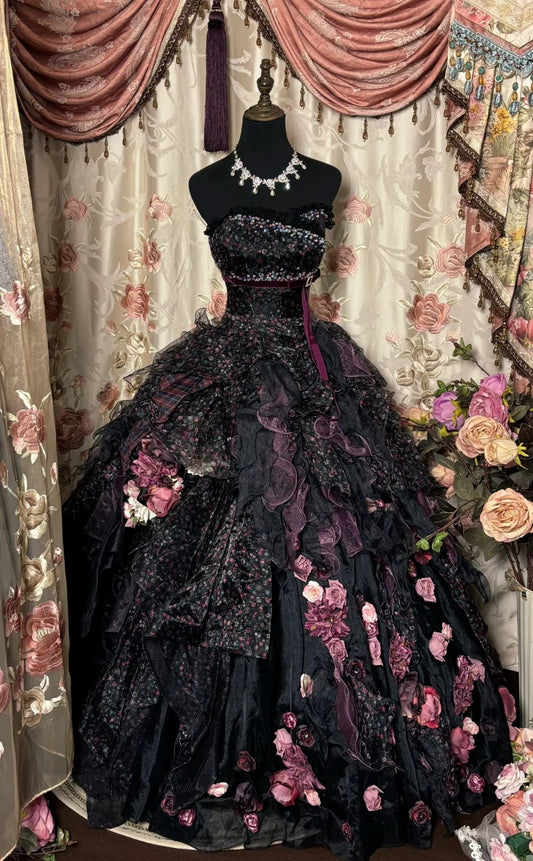 Maximalism Floral Print Strapless Evening Dresses A-Line 3D Flowers Crystals Prom Dress AP2761