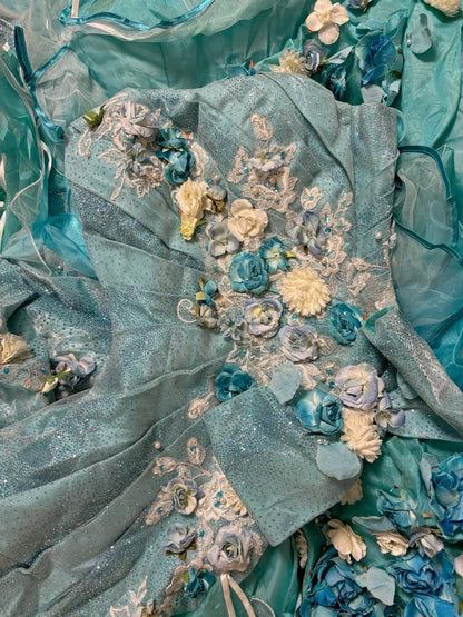 Ornate Strapless A-Line Evening Dresses Handmade Flowers Sequins Beading Prom Dress AP2763