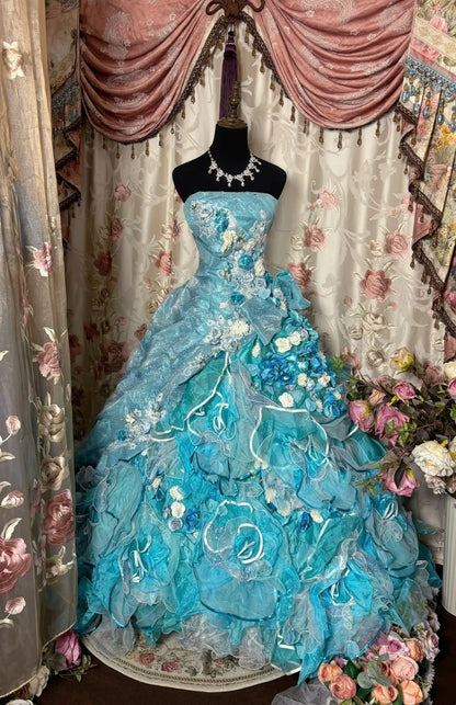 Ornate Strapless A-Line Evening Dresses Handmade Flowers Sequins Beading Prom Dress AP2763