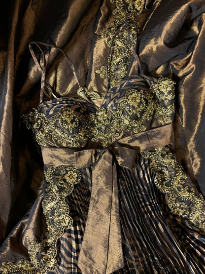 A-Line Detachable Spaghetti Strap Pleated Prom Dress Appliques Sequins Beading Bow Evening Gowns AP2764