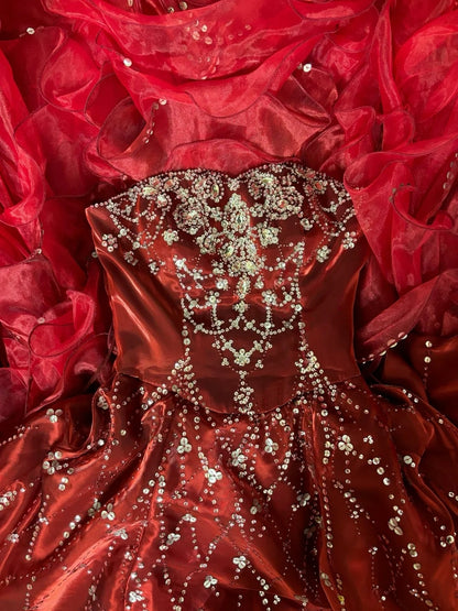 Chic A-Line Strapless Evening Gowns Beading Crystals Sequins Ruched Red Prom Dress AP2766