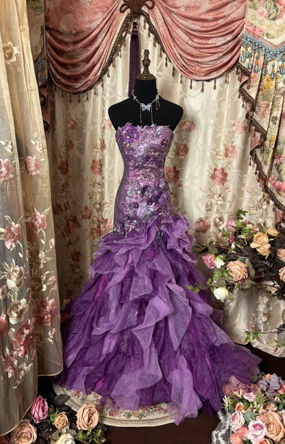 Elegant Strapless Ruffled Mermaid Evening Gowns Appliques Sequins Beaded Purple Prom Dress AP2770