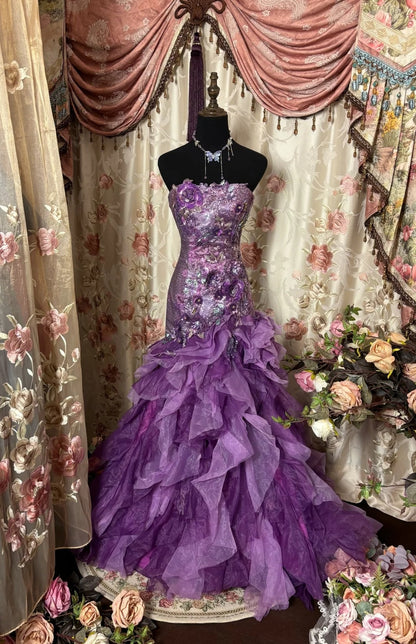 Elegant Strapless Ruffled Mermaid Evening Gowns Appliques Sequins Beaded Purple Prom Dress AP2770