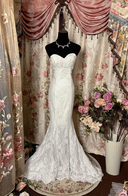 Vintage Strapless Mermaid Bridal Gowns Lace Appliques Tulle Sequins Wedding Dress AP2776