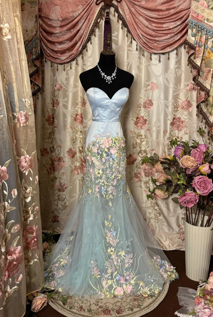 Artistic Strapless Mermaid Evening Gowns Beaded Appliques Crystals Tulle Prom Dress AP2777