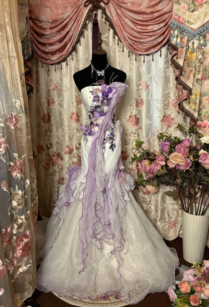 Ethereal Strapless Mermaid Evening Gowns Appliques Feather Beaded Sequins Prom Dress AP2780