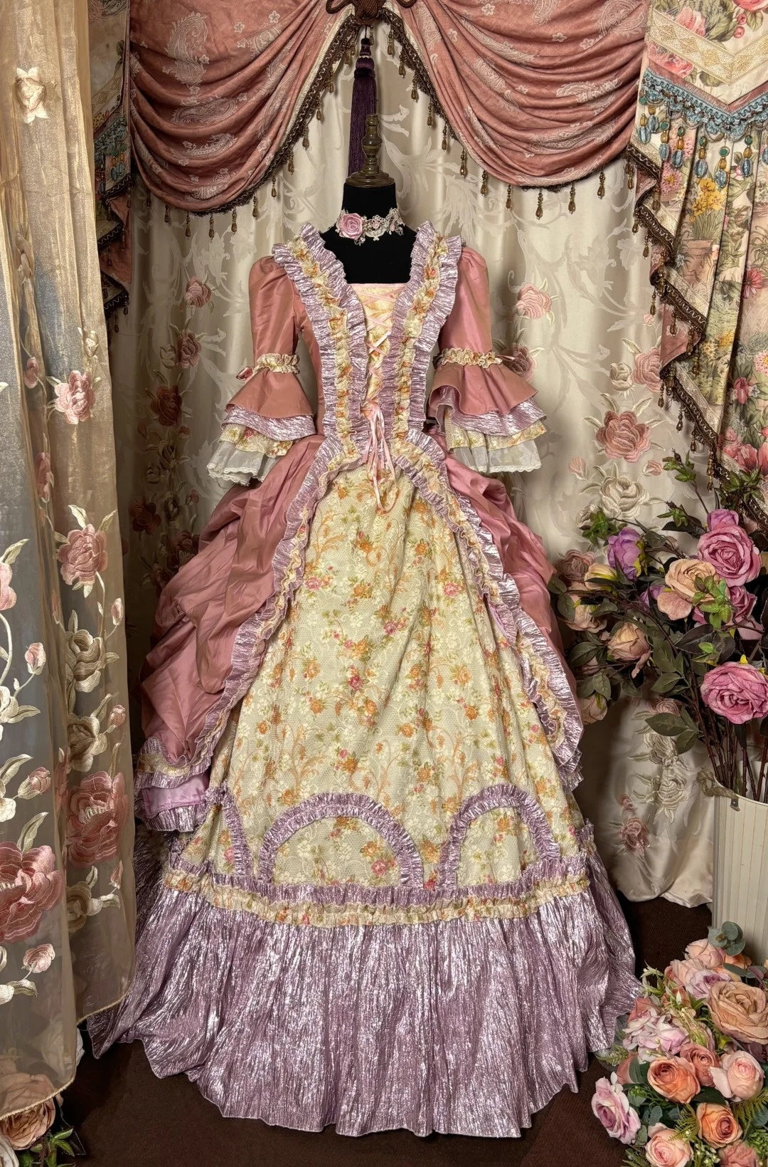 Dramatic Square Neck A-Line Evening Gowns Ruffles Floral Print Long Sleeve Prom Dress AP2787