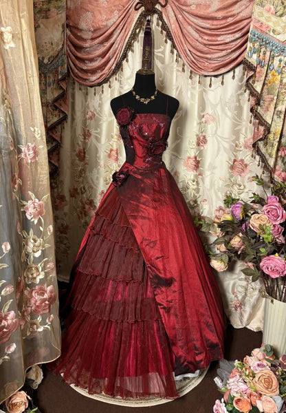 Stunning A-Line Spaghetti Strap Prom Dress Beading Sequins Handmade Flowers Tiered Tulle Evening Gowns AP2788