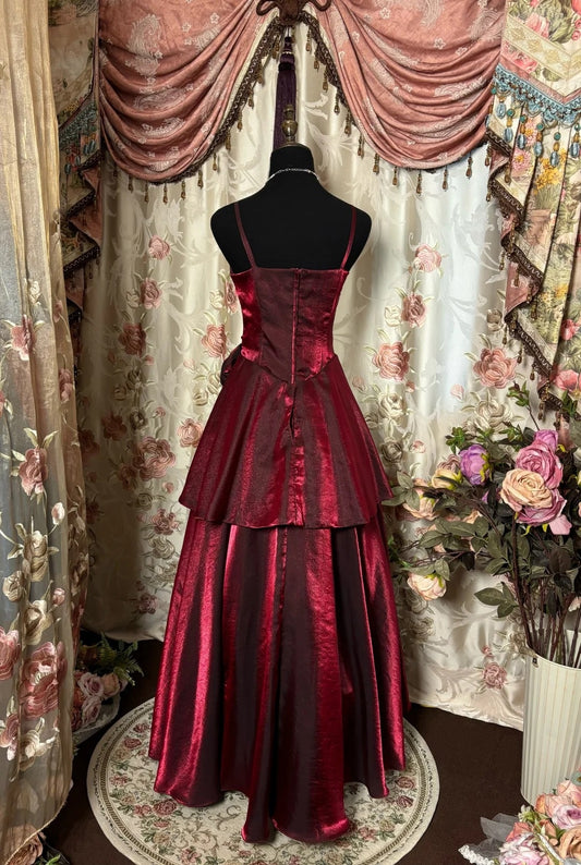 Novelty A-Line Spaghetti Strap Prom Dress Handmade Flowers Red Tiered Evening Gowns AP2789