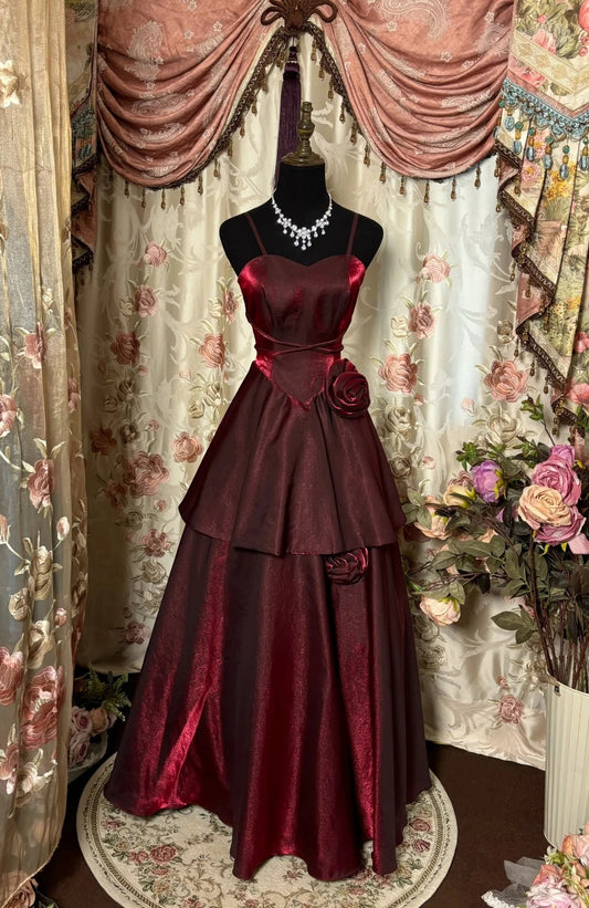 Novelty A-Line Spaghetti Strap Prom Dress Handmade Flowers Red Tiered Evening Gowns AP2789