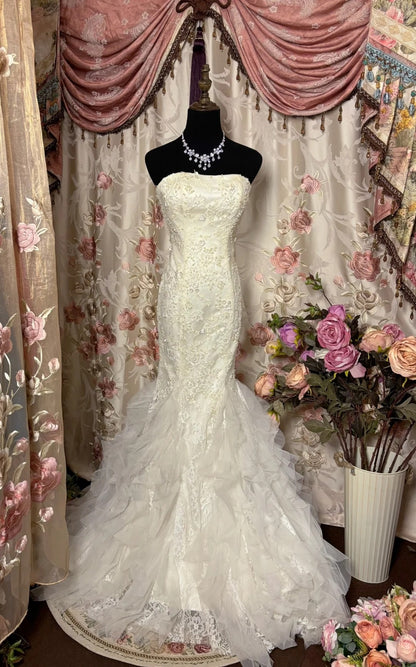 Unique Strapless Mermaid Bridal Gowns With Tulle Train Appliques Beaded Sequins Wedding Dress AP2790