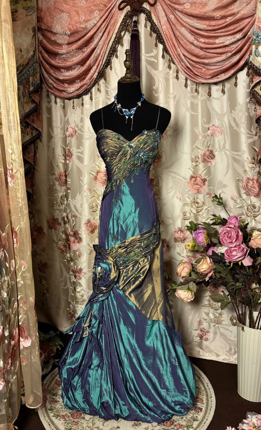 Fashionable Mermaid Spaghetti Strap Prom Dress Appliques Sequins Beaded Handmade Flowers Backless Formal Dresses AP2791