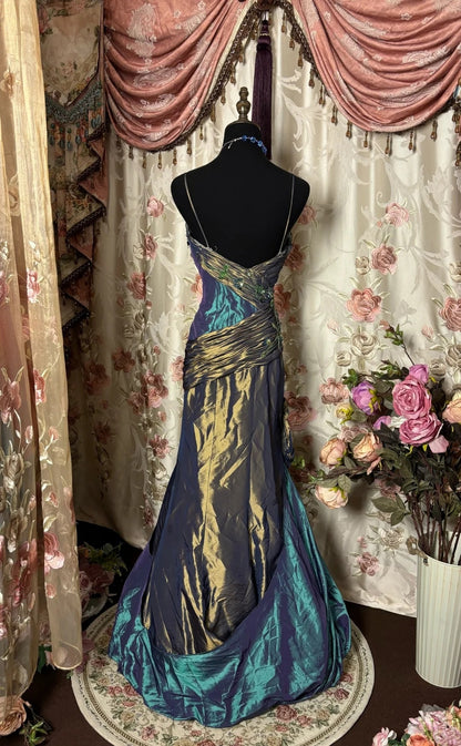Fashionable Mermaid Spaghetti Strap Prom Dress Appliques Sequins Beaded Handmade Flowers Backless Formal Dresses AP2791
