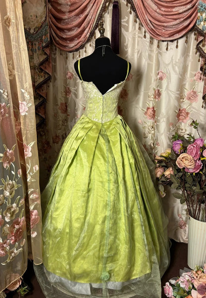 French Style A-Line Spaghetti Strap Prom Dress Lace Tulle Handmade Flowers Green Evening Gowns AP2792