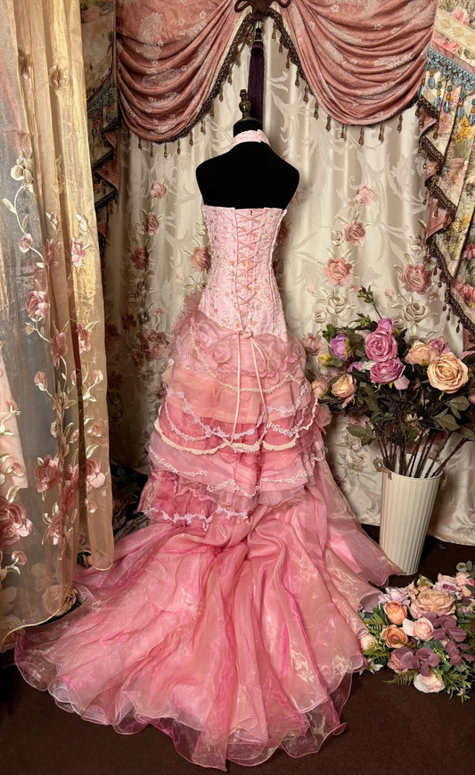 Dopamine Style Strapless Mermaid Evening Gowns Beaded Sequins Appliques Pink Tulle Prom Dress AP2795