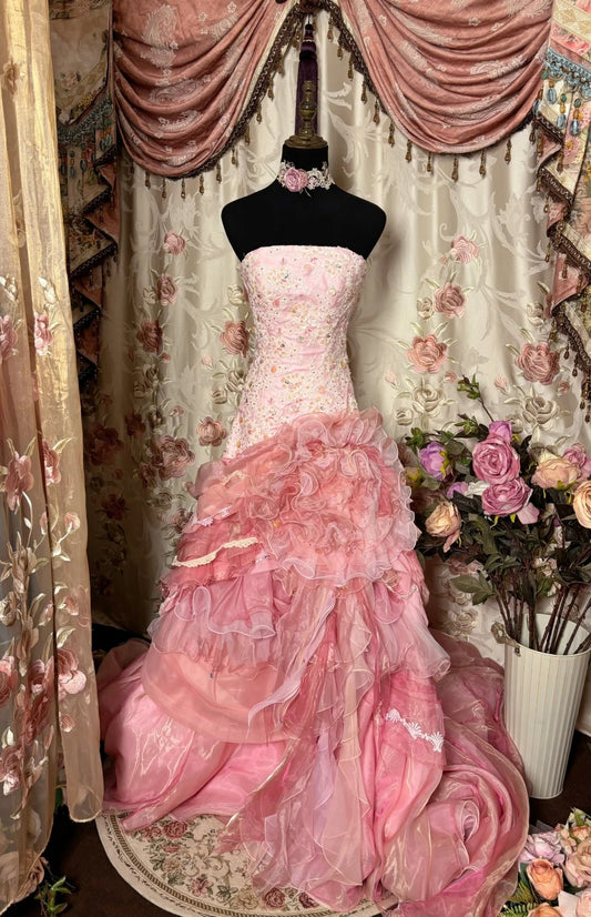 Dopamine Style Strapless Mermaid Evening Gowns Beaded Sequins Appliques Pink Tulle Prom Dress AP2795