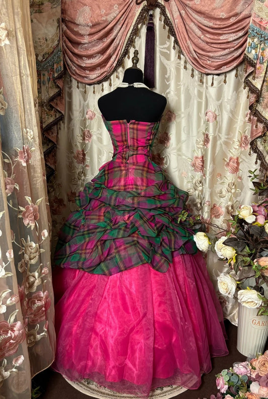 Dopamine Style A-Line Strapless Evening Dresses Pleated Plaid Handmade Flowers Prom Dress AP2796