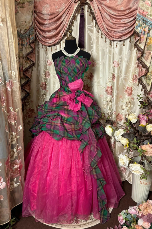 Dopamine Style A-Line Strapless Evening Dresses Pleated Plaid Handmade Flowers Prom Dress AP2796