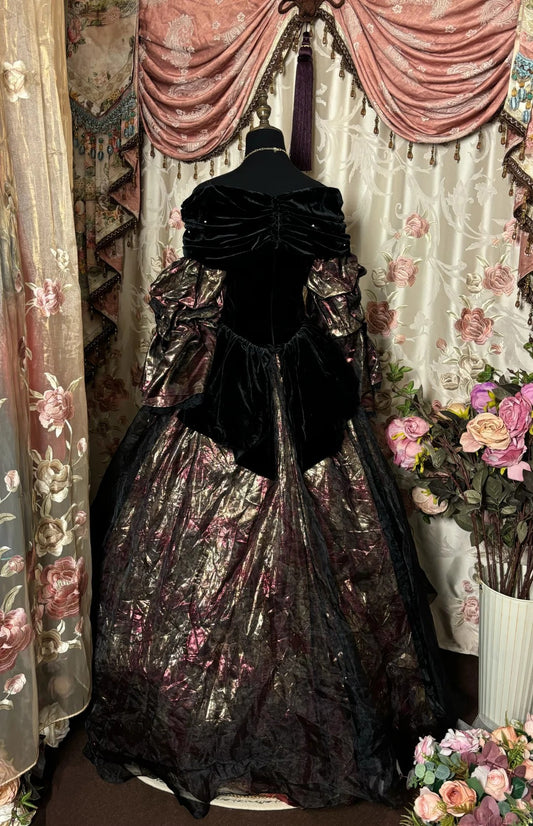New Arrival Off-Shoulder A-Line Formal Dresses Black Velvet Sequins Floral Print Puffy Sleeve Prom Dress AP2804