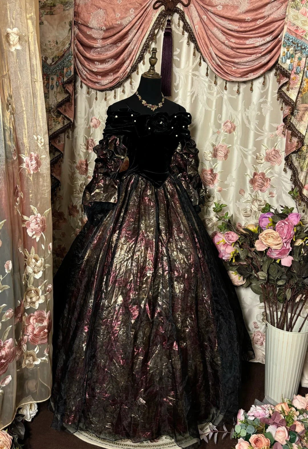 New Arrival Off-Shoulder A-Line Formal Dresses Black Velvet Sequins Floral Print Puffy Sleeve Prom Dress AP2804
