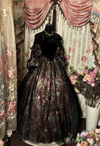 New Arrival Off-Shoulder A-Line Formal Dresses Black Velvet Sequins Floral Print Puffy Sleeve Prom Dress AP2804
