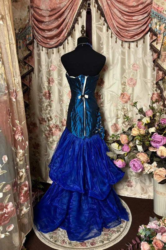 Trendy Strapless Tiered Mermaid Evening Gowns Handmade Flower Sequins Prom Dress AP2807